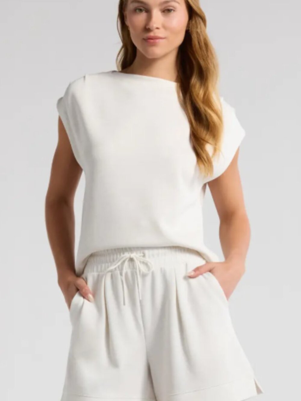 Zella Soft Luxe Knit Gathered Shoulder Top – Beige Ivory Heather – XS
